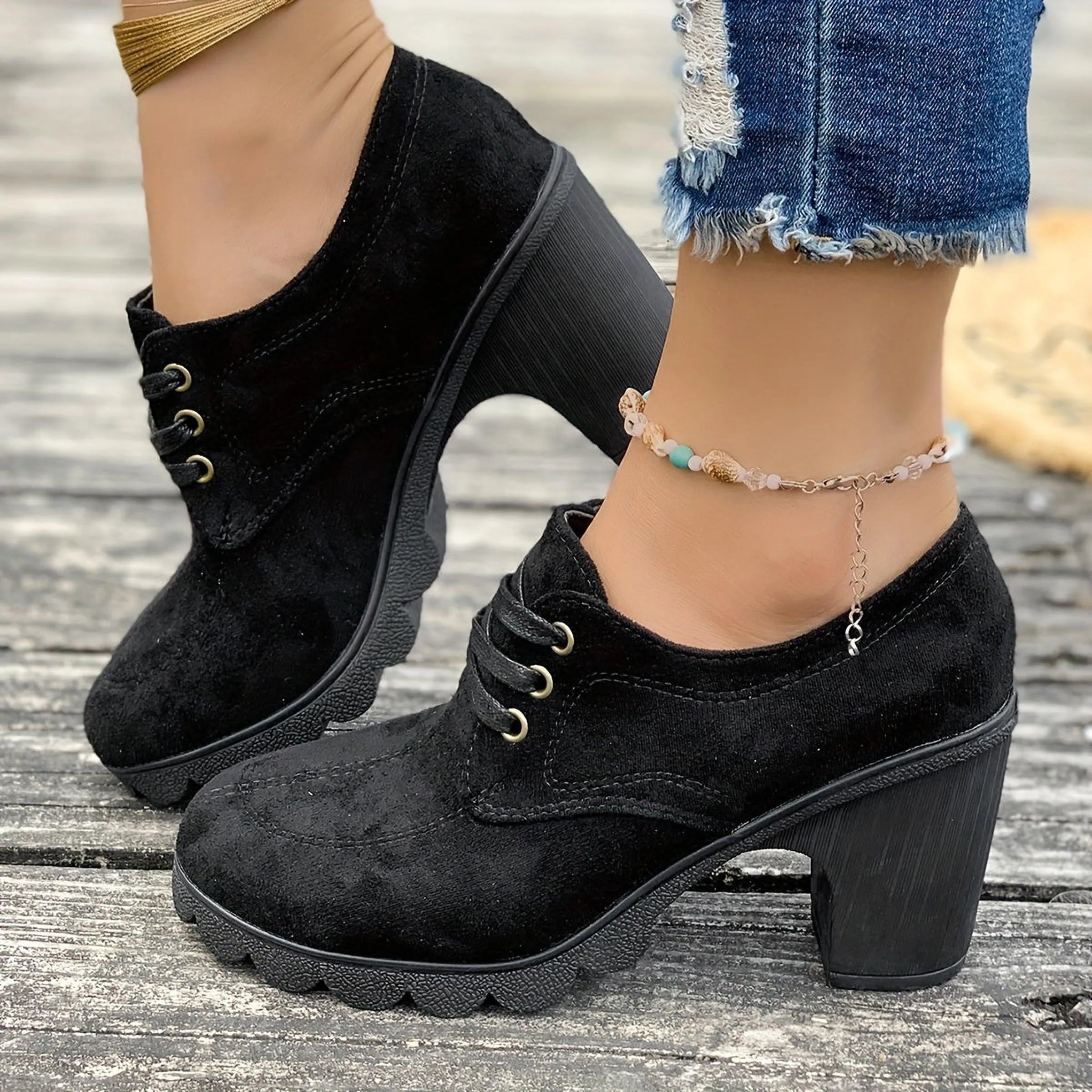 Robuste Passé Bottines | Bottines à Talon Chunky pour Style Rétro